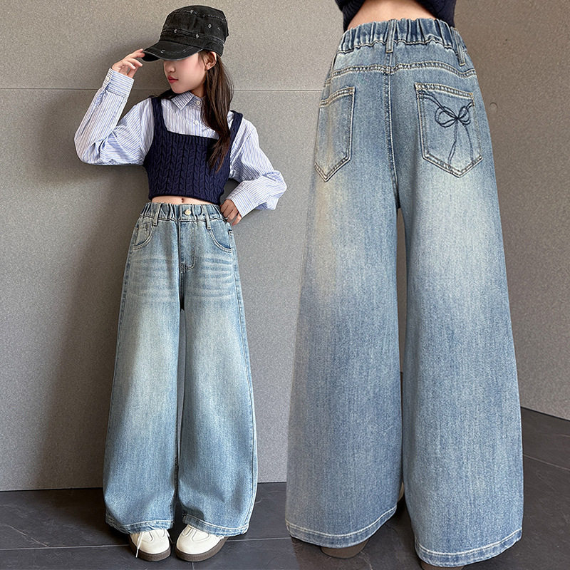 高腰女童牛仔裤2026春季新款阔腿裤儿童直筒裤女孩春秋款宽松裤子