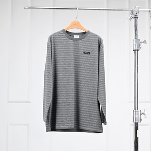 沃伦海龙 | LST041男女同款松弛感1oo%棉灰白条纹廓形圆领长袖T恤
