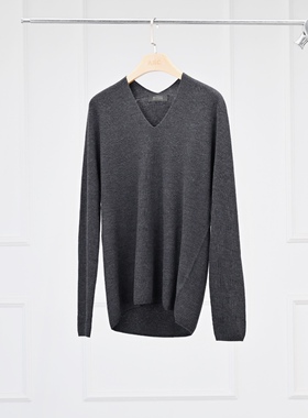 沃伦海龙 | KW831 欧美风灰色简约无缝羊毛气质V领长袖宽松针织衫