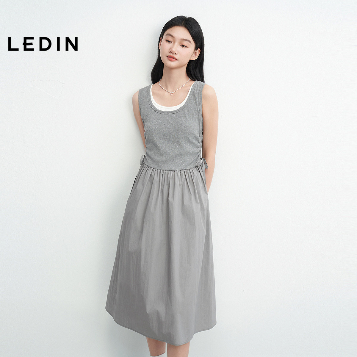 乐町烫银针织拼接轻薄棉感连衣裙女2025年夏季新款长款舒适裙子