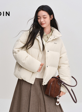 乐町灯芯绒面包羽绒服女装2025年冬季新款短款经典方格保暖外套*4