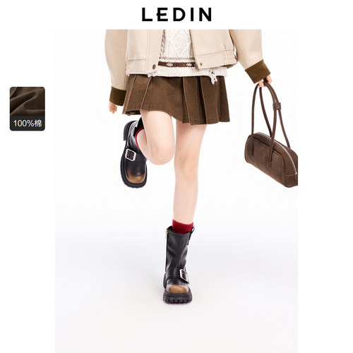 【商场同款】乐町基础百褶裙女装冬季咖色半身裙C2GEE4106