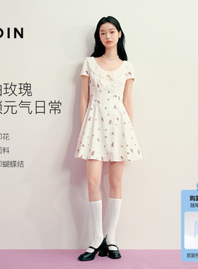 乐町原创印花垂坠感连衣裙女夏季新款领口拼接衬衫娃娃领俏皮裙子