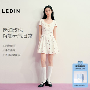乐町原创印花垂坠感连衣裙女夏季新款领口拼接衬衫娃娃领俏皮裙子