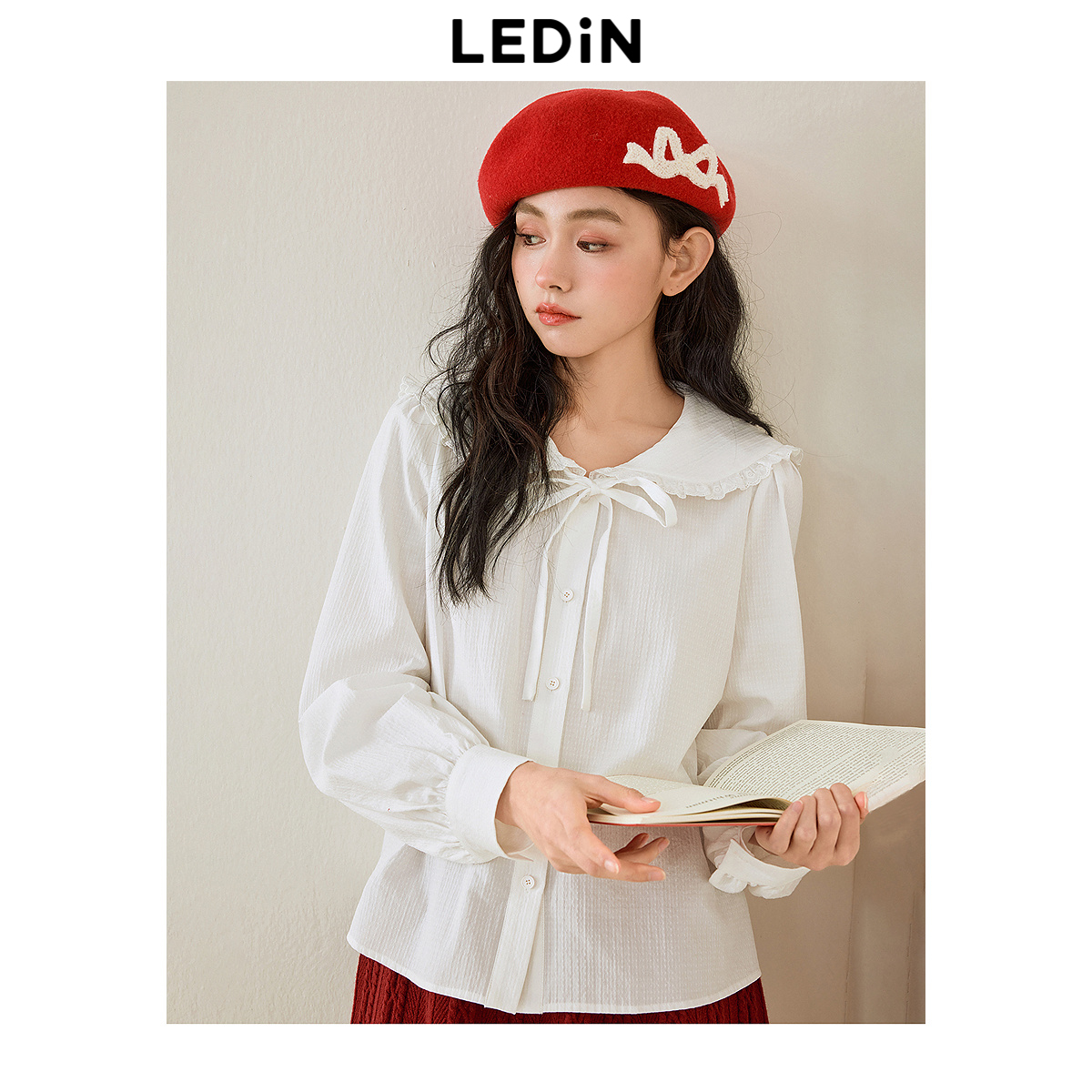 乐町娃娃领白色长袖纯棉衬衫女2024早春新款蝴蝶结泡泡袖内搭衬衣