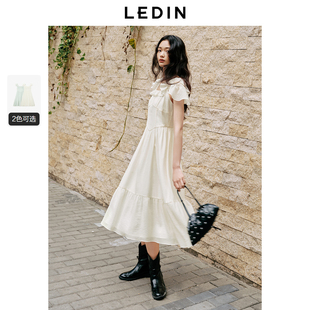 方领荷叶边气质连衣裙显高显瘦仙女裙 新款 乐町双层小飞袖 长裙夏季