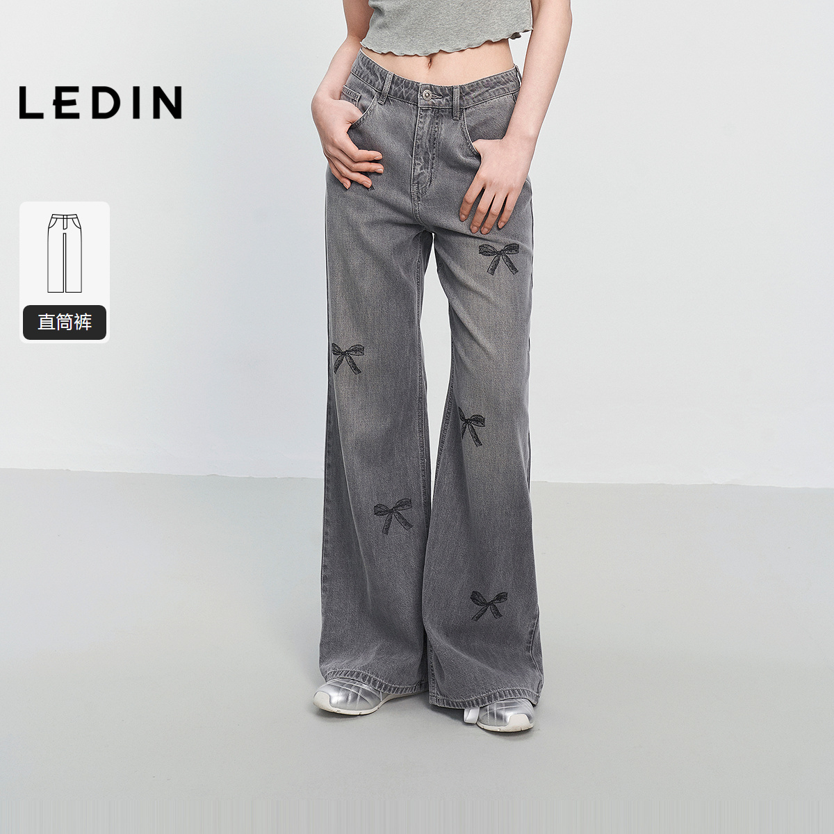 【商场同款】乐町25夏季新款蕾丝蝴蝶结印花牛仔直筒裤C1HAF2175