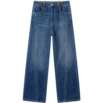 【商场同款】乐町分割线撞色绣花牛仔阔腿裤2024年新款C1HAE3421