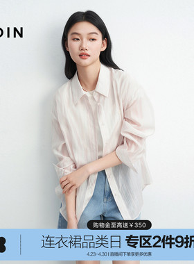 乐町韩系千金蓝色条纹休闲宽松印花衬衫2025夏季新款轻薄通勤上衣