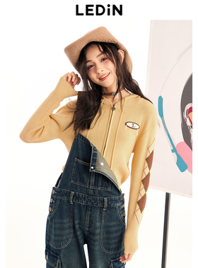 乐町连帽修身线开衫女春季毛线衫C2EDE1115