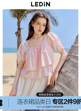 乐町韩系甜美A版雪纺衫上衣夏季新款领口绑带设计泡泡袖短袖