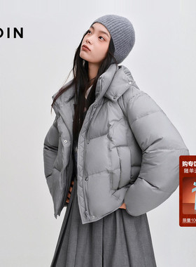 乐町连帽超短款方格小面包羽绒服女2025冬季新款柔软可爱保暖外套