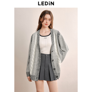 乐町立体条纹提花针织线开衫 宽松撞色毛衣上衣 女秋季