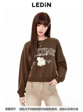 【商场同款】乐町复古天使短款卫衣秋新款咖色圆领上衣C1CRE3328