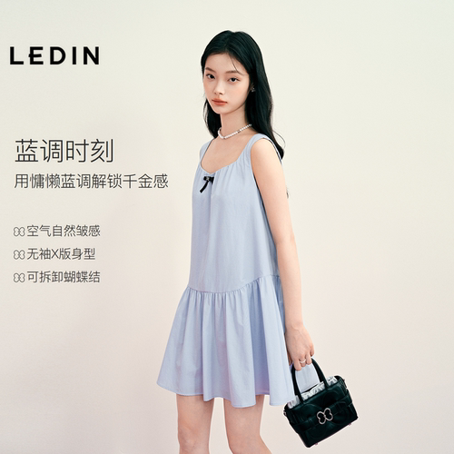 乐町无袖X版身型连衣裙女2026年夏季新款空气自然皱感蝴蝶结裙子