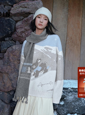 乐町滑雪兔宽松毛衣女冬季新款银丝雪山大图圆领毛针织衫