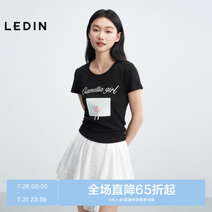 T恤 乐町山茶少女白色印花短袖 25年夏季 新款 甜美上衣烫银印花修身