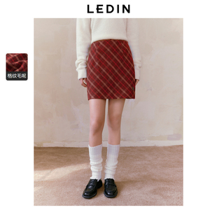 乐町红色格纹半身裙冬季 A字裙字母标圣诞氛围感直筒短裙