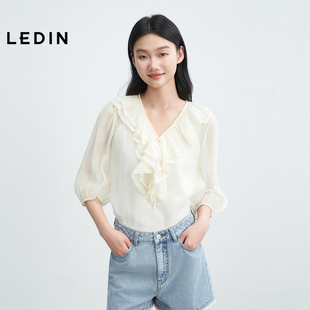 小衫 设计感短袖 新款 乐町轻度假风V领荷叶边叠层甜美上衣2025夏季