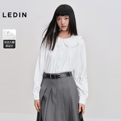 [预]乐町甜美少女娃娃领衬衫女装冬季新款花边大翻领白色衬衫好搭