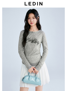 【商场同款】乐町千金感玫瑰长袖T恤夏新款圆领灰色T恤C1CPF2121