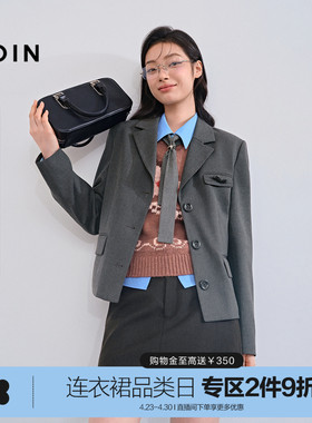 乐町质感混纱灰色西装冬季新款蝴蝶结设计中长款v领纽扣修身外套M