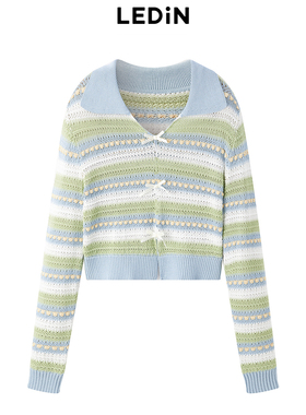 乐町春季套头彩条polo衫女毛针织衫蝴蝶结撞色翻领上衣C1EEE1515