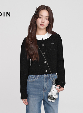 【商场同款】乐町正肩黑色毛衣开衫冬季珠片纱圆领针织C1EDF4613