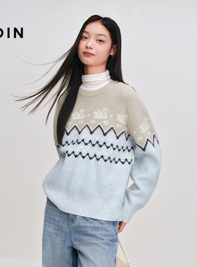 【商场同款】乐町费尔岛蓝色毛衣冬新款天鹅提花针织衫C1EEF4418