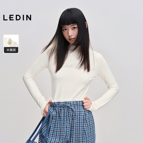 乐町韩系清甜字母印花半高领长袖T恤女秋冬季内搭打底衫