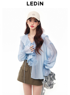 乐町春秋新款木耳边宽松衬衫C1CAE2607