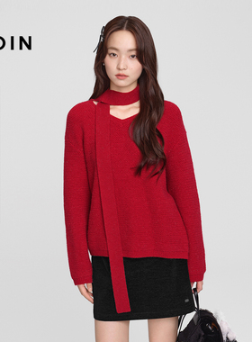 【商场同款】乐町飘带V领亮丝毛衣冬季圣诞红色毛针织衫C1EEF4614