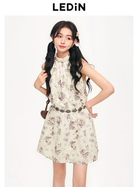 乐町2024夏季新款挂脖印花连衣裙C2FAE2537