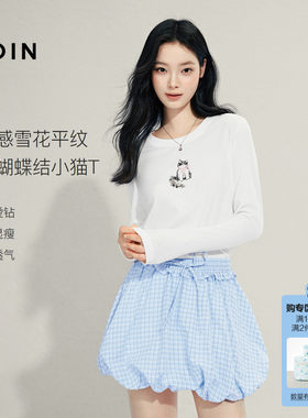 乐町珍珠烫钻长袖T恤秋新款轻薄透气猫咪印花上衣抽褶显瘦打底衫