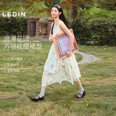 乐町碎花方领棉布连衣裙女装26春夏宽肩带无袖清新收腰长款裙子