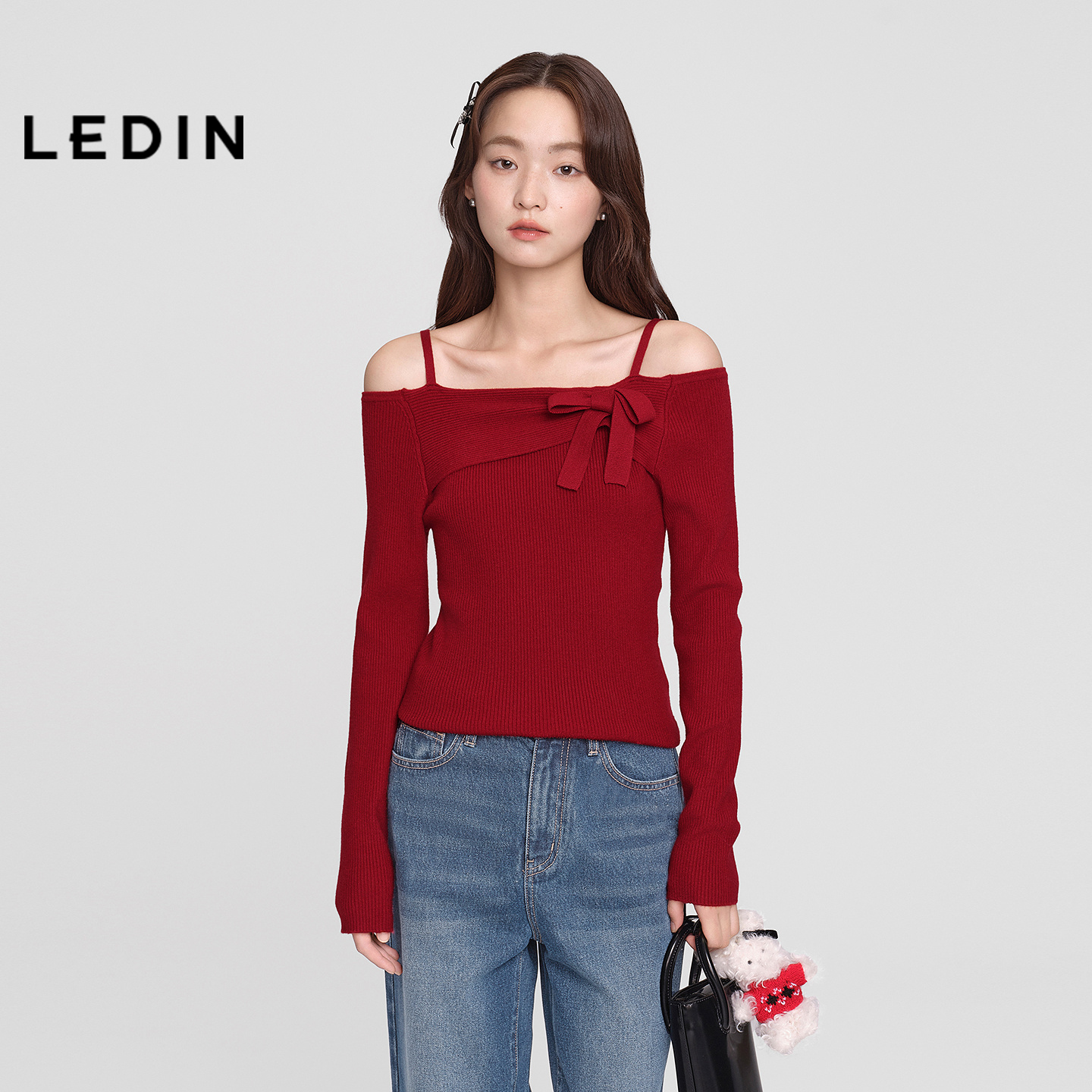 【商场同款】乐町一字肩针织衫冬季氛围感节日红色毛衣C1EEF4615