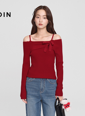 【商场同款】乐町一字肩针织衫冬季氛围感节日红色毛衣C1EEF4615