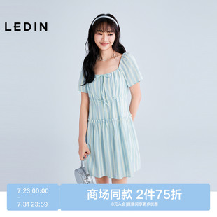 裙子C1FAF2428 商场同款 乐町条纹方领抽皱连衣裙25年夏季 新款