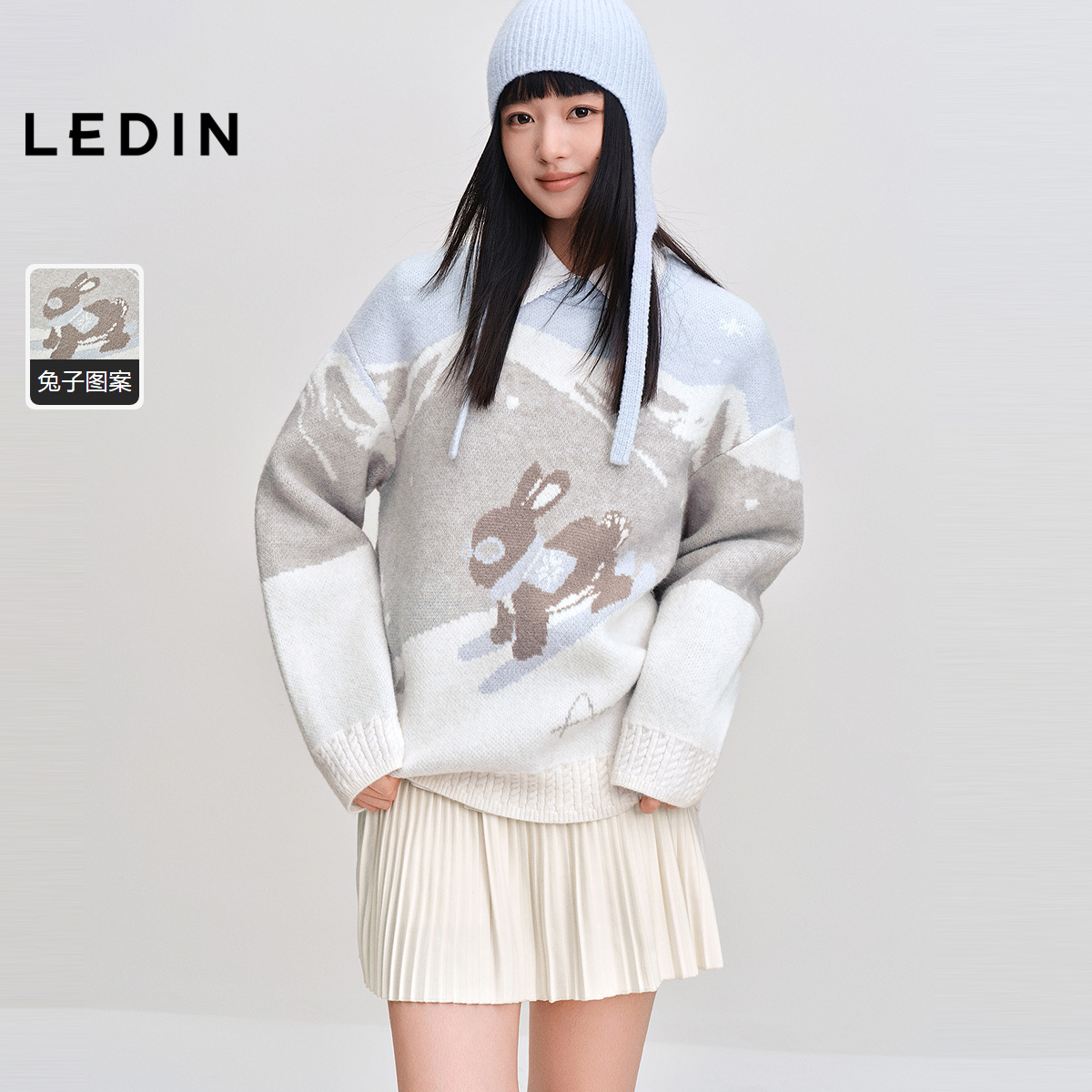 乐町滑雪兔宽松毛衣女冬季新款蓝色银丝雪山大图圆领毛针织衫*