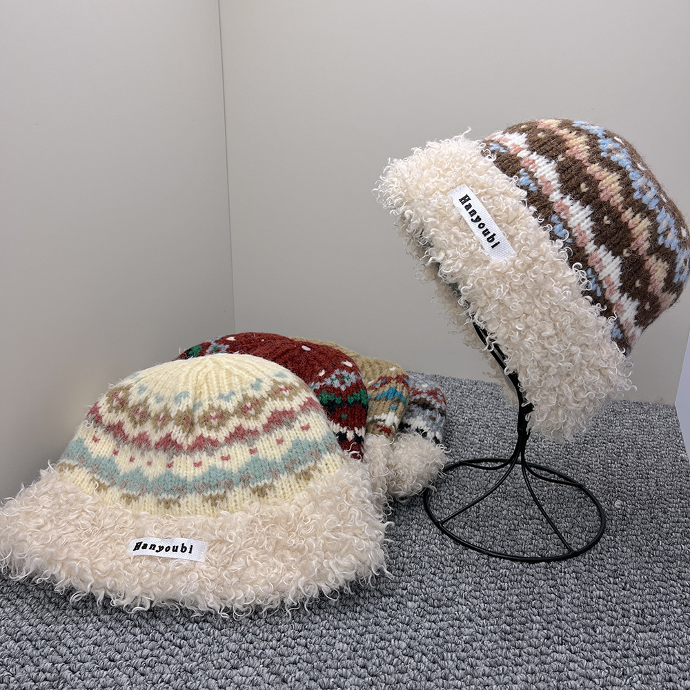 复古费尔岛提花毛绒拼接渔夫帽子女显脸小秋冬季加厚保暖针织帽潮