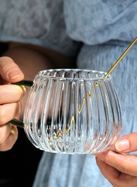 森系圆肚玻璃咖啡杯耐热防爆高硼硅水杯女花茶杯透明手柄马克杯子