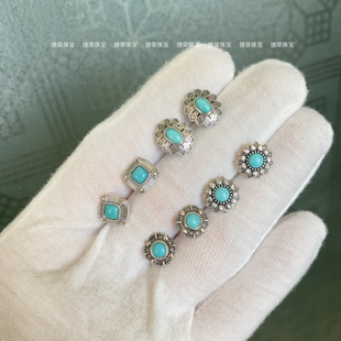 s925纯银镶嵌天然原矿绿松石耳钉花朵太阳花轻奢小众耳环几何耳饰