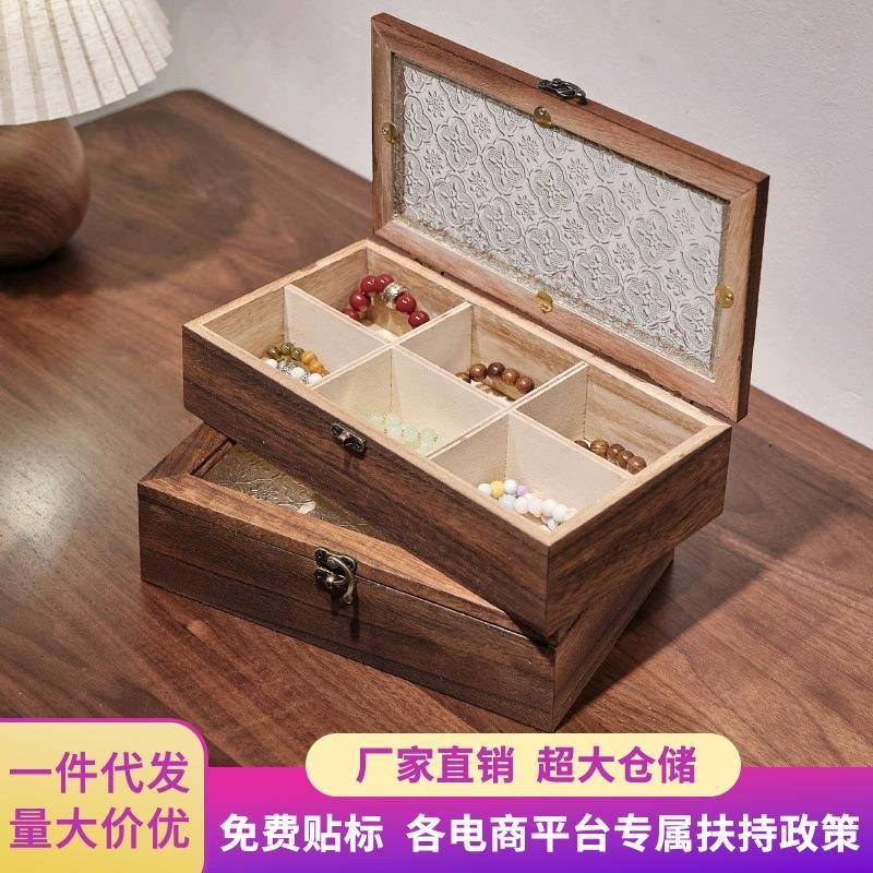 【跨境蓝海爆款】首饰盒防尘翻盖海棠花玻璃收纳盒木质复戒指项链