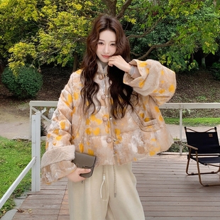 2025冬季新款女装上衣外套新中式毛绒拼接羽绒服女短外套保暖加厚