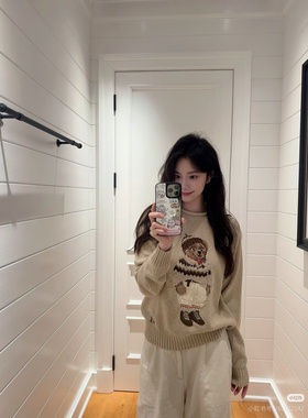 R/L小熊刺绣圆领套头毛衣女秋冬新款宽松慵懒风针织衫上衣