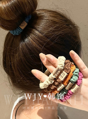 日韩糖果色麂皮绒质感发绳咖色笑脸标皮套小肠圈头绳扎头发皮筋女
