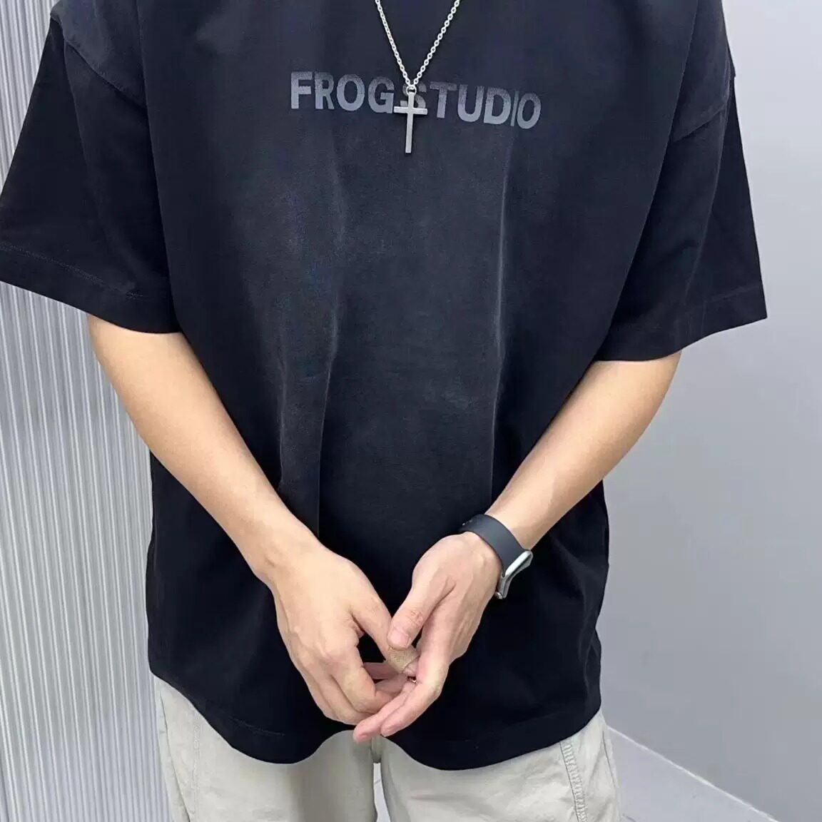 美式落肩宽松五分袖字母T恤男