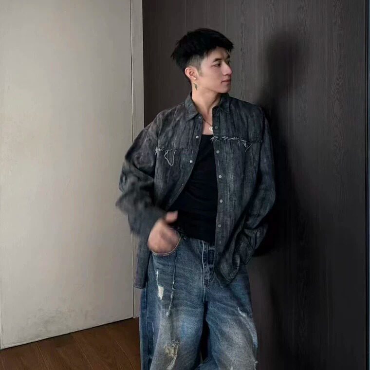 美式复古扎染牛仔衬衫男宽松