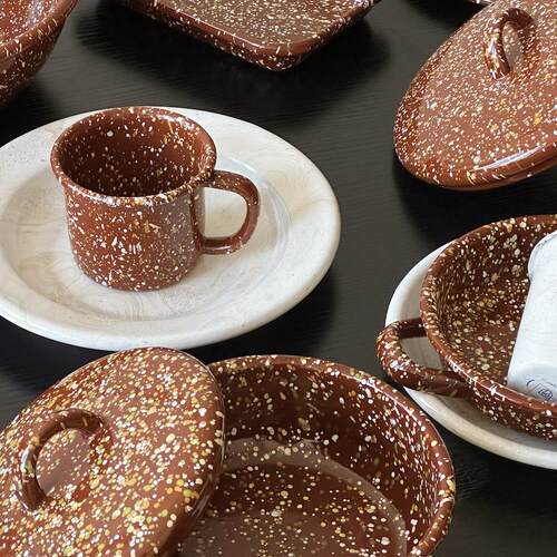 枫叶棕色泼墨搪瓷杯碟餐盘餐具