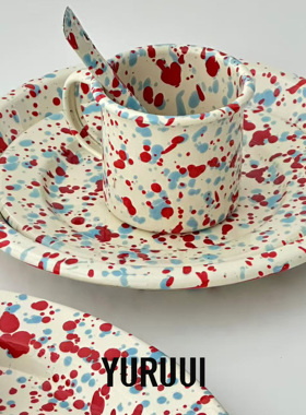 [YURUUI设计师]美国Crow Canyon泼墨搪瓷红蓝气泡餐盘马克杯勺